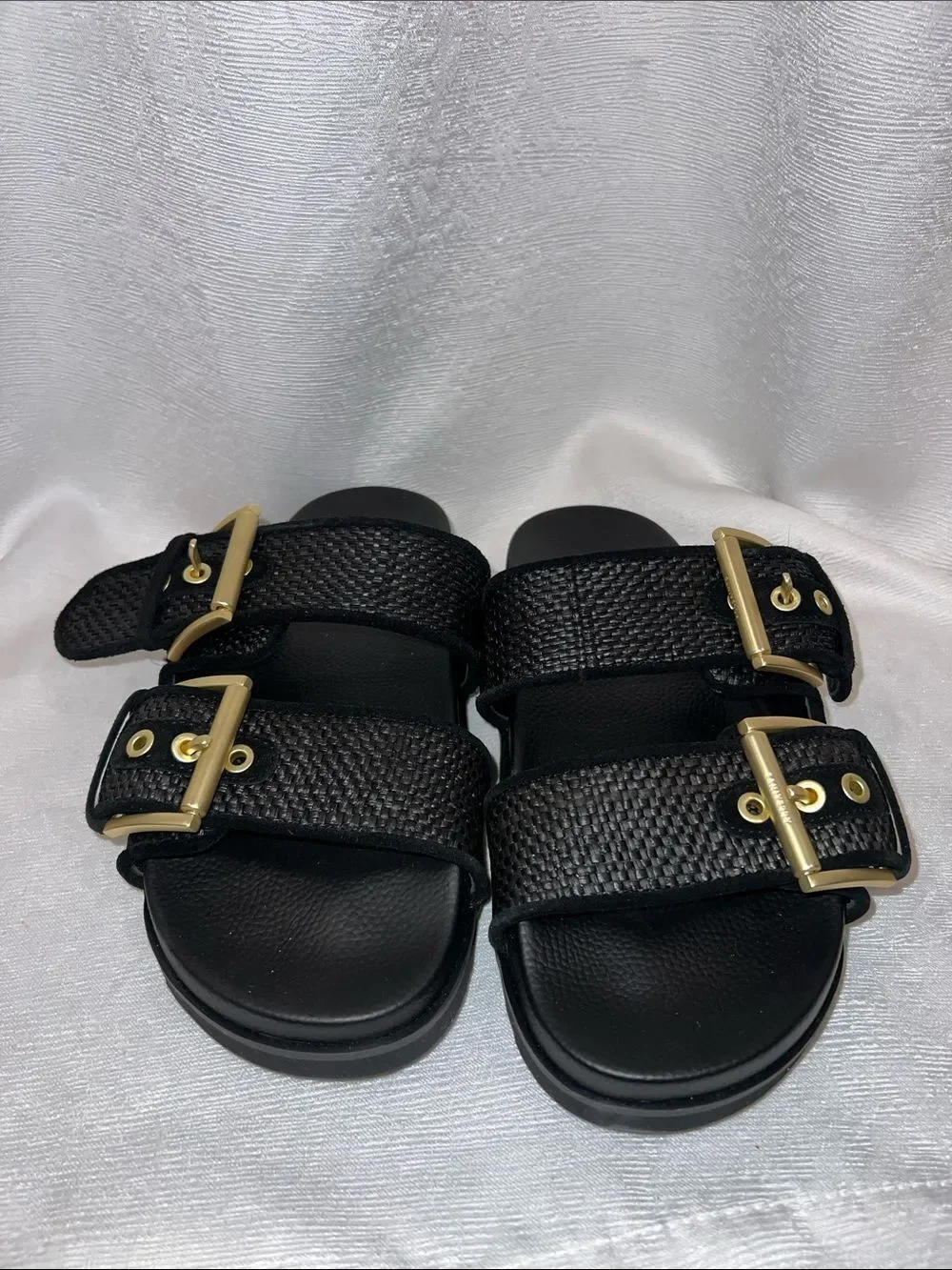 AllSaints Black Woven Double-Strap Slides with Metallic Buckles SB9